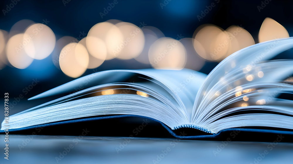 Naklejka premium Open book on table, magical lights bokeh background; reading, knowledge, education, night study concept; ideal for websites, blogs, or educational materials