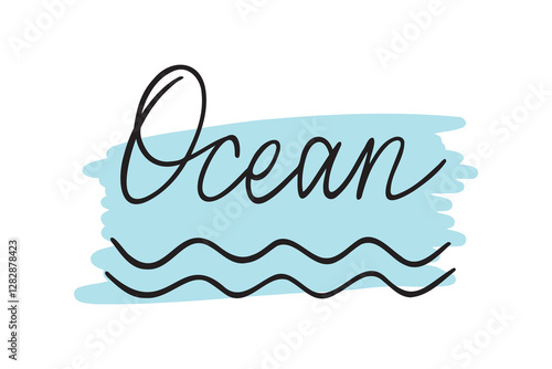 Ocean word hipster doodle hand drawn lettering logo of surf and ocean with blue wave lines.