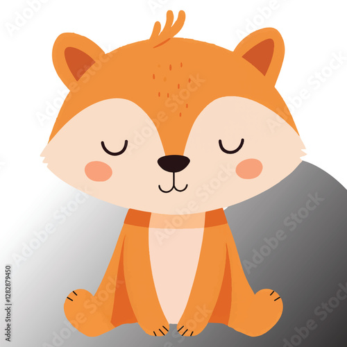 Ute cartoon fox, smiling face, closed eyes, big ears, orange fur, stylized texture, simple background, minimalist design, children's illustration,