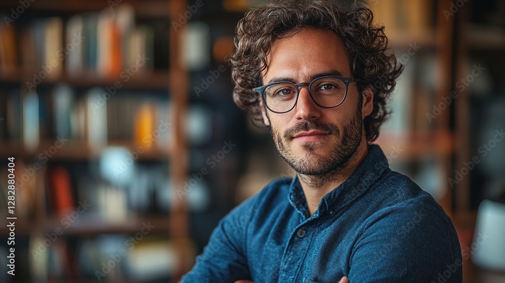 fashionable man with curly hair and stylish glasses posing in a comfortable setting showing his relaxed attitude and confidence during a casual conversation fashionable man with curly hair and stylish glasses posing in a comfortable setting showing his relaxed attitude and confidence during a casual conversation