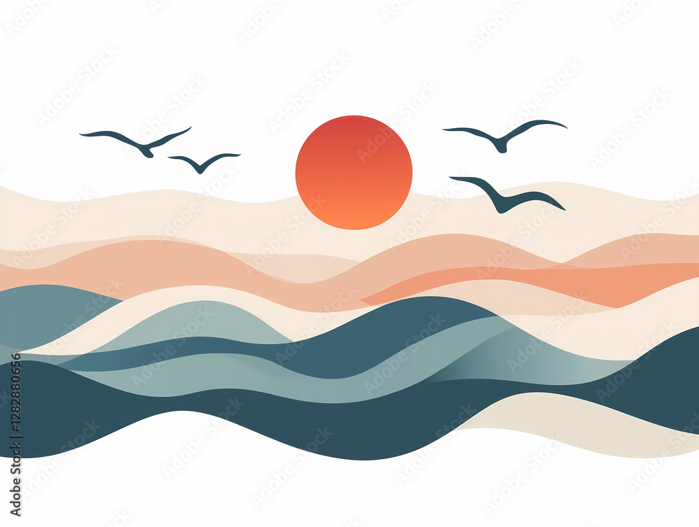 Fototapeta premium Abstract illustration of the sun rising from the sea level