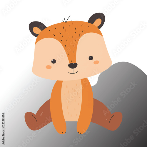 Ute cartoon fox, smiling face, closed eyes, big ears, orange fur, stylized texture, simple background, minimalist design, children's illustration,