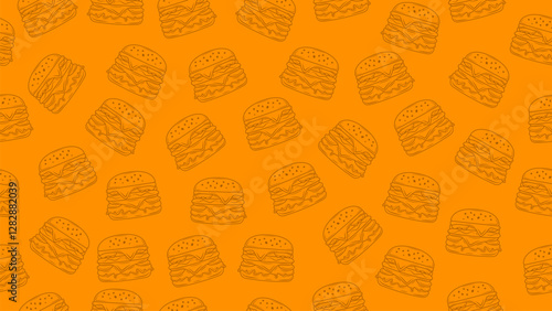 Burger motif background. Hand drawn cheeseburger seamless pattern. Hamburger packaging, wrapper, wallpaper