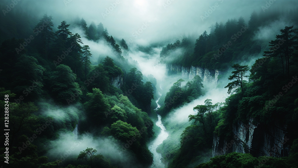 Misty Forest Canyon with Flowing River and Lush Greenery Misty Forest Canyon with Flowing River and Lush Greenery