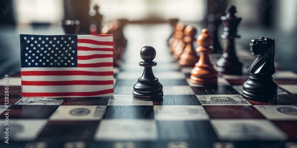 Naklejka premium Us and china trade wars represented on chessboard with american flag