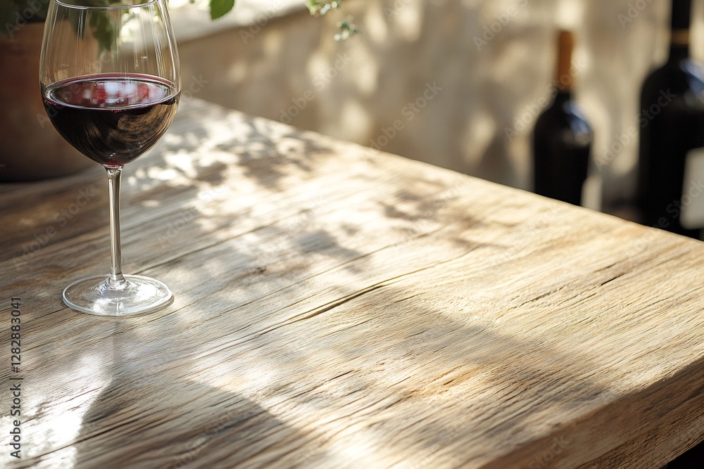 Fototapeta premium Glass of red wine standing on wooden table with wine bottles in background