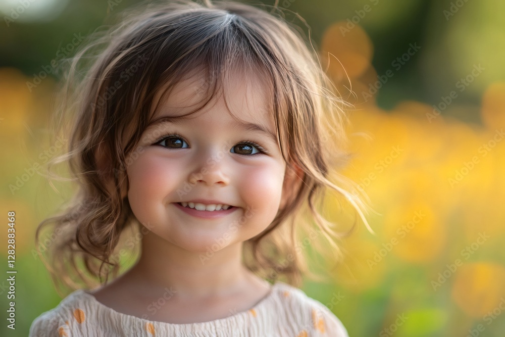 Adorable toddler with big brown eyes smiles in front of a blurred field of yellow flowers Adorable toddler with big brown eyes smiles in front of a blurred field of yellow flowers