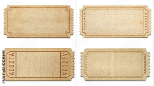 A set of four tickets with the word 
