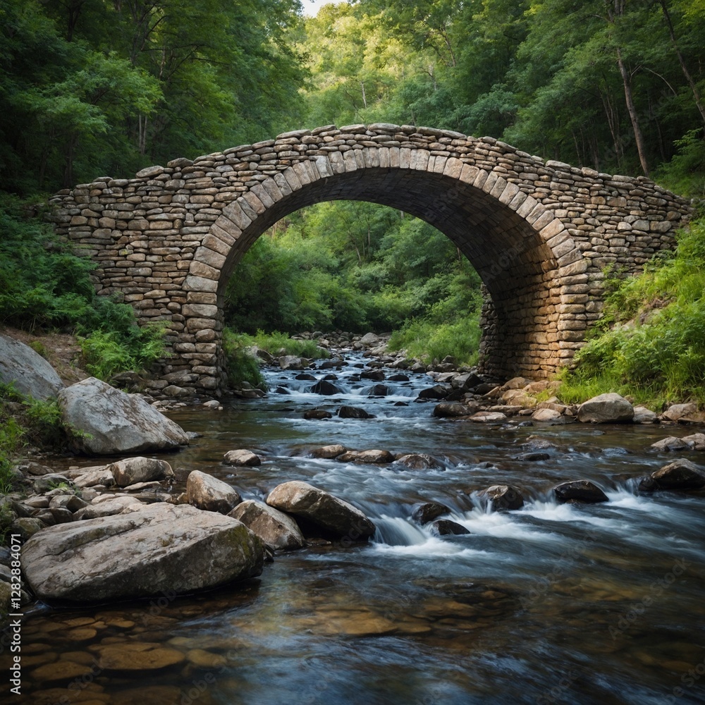 A peaceful country road with an arched stone bridge over a sparkling stream. A peaceful country road with an arched stone bridge over a sparkling stream.