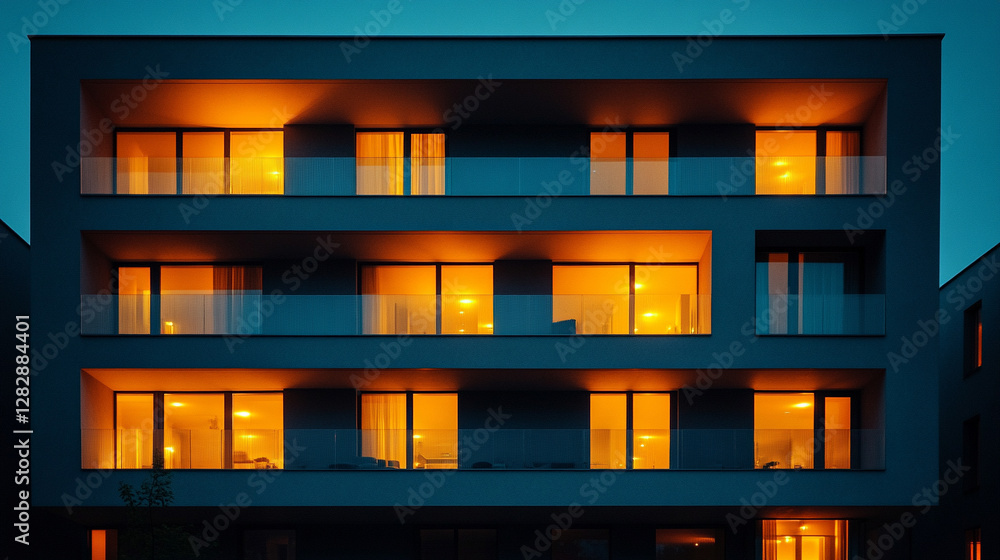 Exterior view of a modern city building or corporate office with five floors, illuminated by yellow night lights, showcasing sleek architecture and business hotel apartment design.
Exterior view of a modern city building or corporate office with five floors, illuminated by yellow night lights, showcasing sleek architecture and business hotel apartment design.