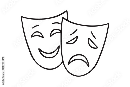 Two ancient traditional theatrical mask. greek game human masks doodle hand drawn icon. Outline drawing Comedy and tragedy mask line clipart symbol