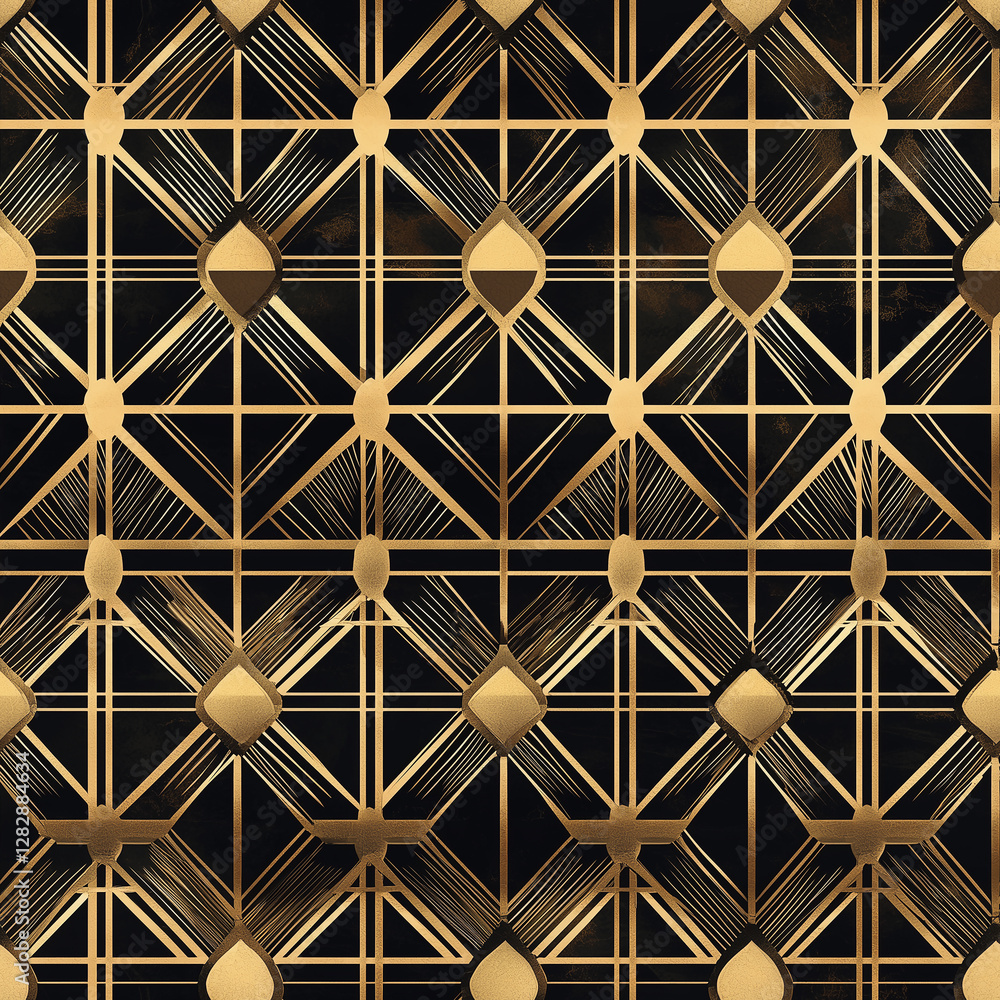 Stylish black and gold geometric pattern with diamond shapes and intricate lines. Stylish black and gold geometric pattern with diamond shapes and intricate lines.
