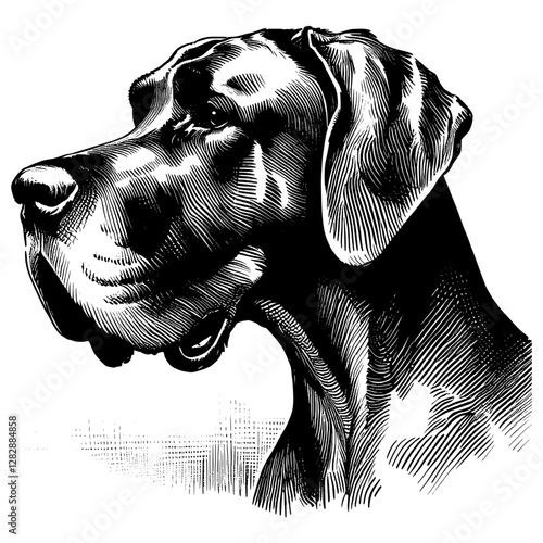 Line art drawing of Great Dane dog's ink sketch vector hand drawn illustration background