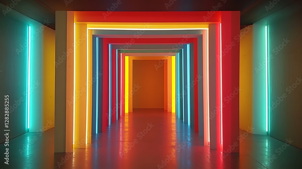 Fototapeta premium Colorful neon archway tunnel, futuristic interior, vibrant light display, virtual space, architectural design