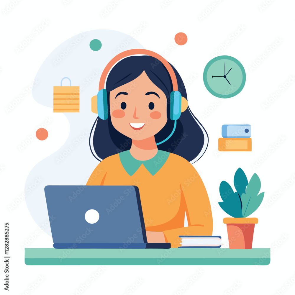 woman in headphones, studying at laptop. Happy female student watching business webinar. Video conference call, remote work communication. Flat vector illustration isolated on white background woman in headphones, studying at laptop. Happy female student watching business webinar. Video conference call, remote work communication. Flat vector illustration isolated on white background