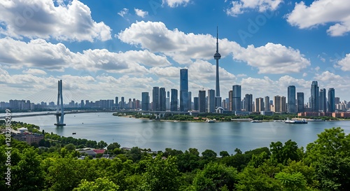 Modern City Skyline View of Shenyang China with River and Bridge