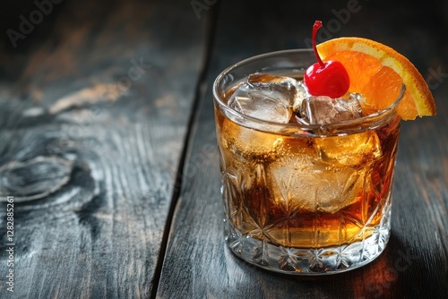 Old Fashioned Cocktail, ice, cherry, orange, wood, dark, bar, drink, menu, advertisement photo