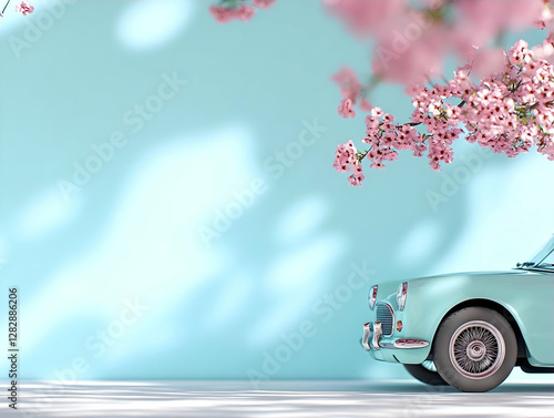 Wallpaper Mural Pastel-colored vintage car parked near blooming cherry blossoms, spring background, ideal for travel or automotive websites Torontodigital.ca