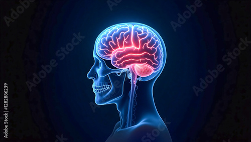 Wallpaper Mural Illustrative of a Human Brain Anatomy in a transparent skull with radiant neon color glow which helps in reference and research studies for Doctors, Surgeons, and Medical students. Torontodigital.ca