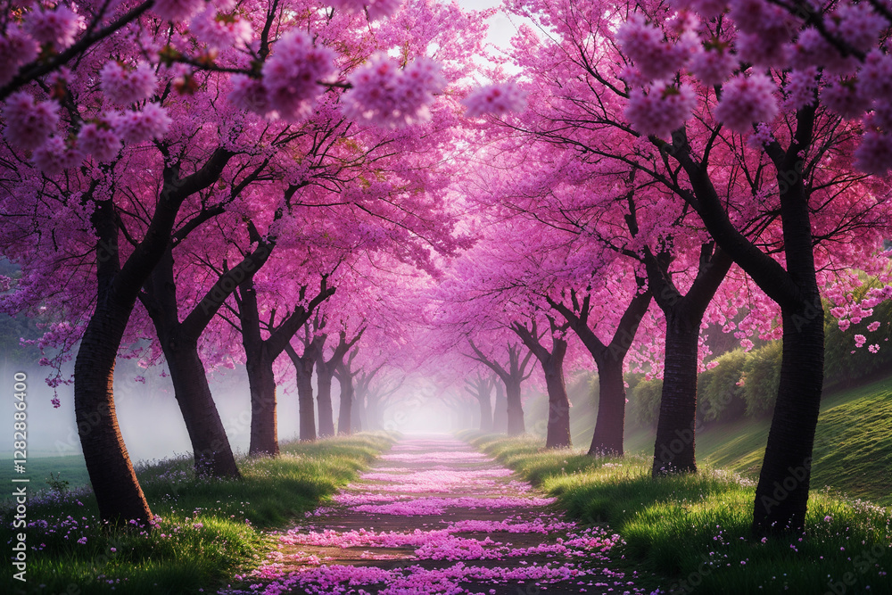 Obraz premium Dreamy Pathway Lined with Cherry Blossom Trees
