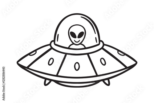 UFO space ship or alien space ship. Futuristic flying space ship doodle hand drawn icon. Outline drawing UFO space ship line clipart symbol