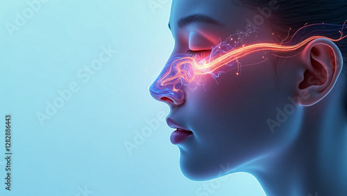 Illustration of Human Nose anatomy, nasal cavity, breathing, smelling, filtering air, respiration, lungs, scent, receptor neurons, mucous membrane, nasal valve for research science studies.