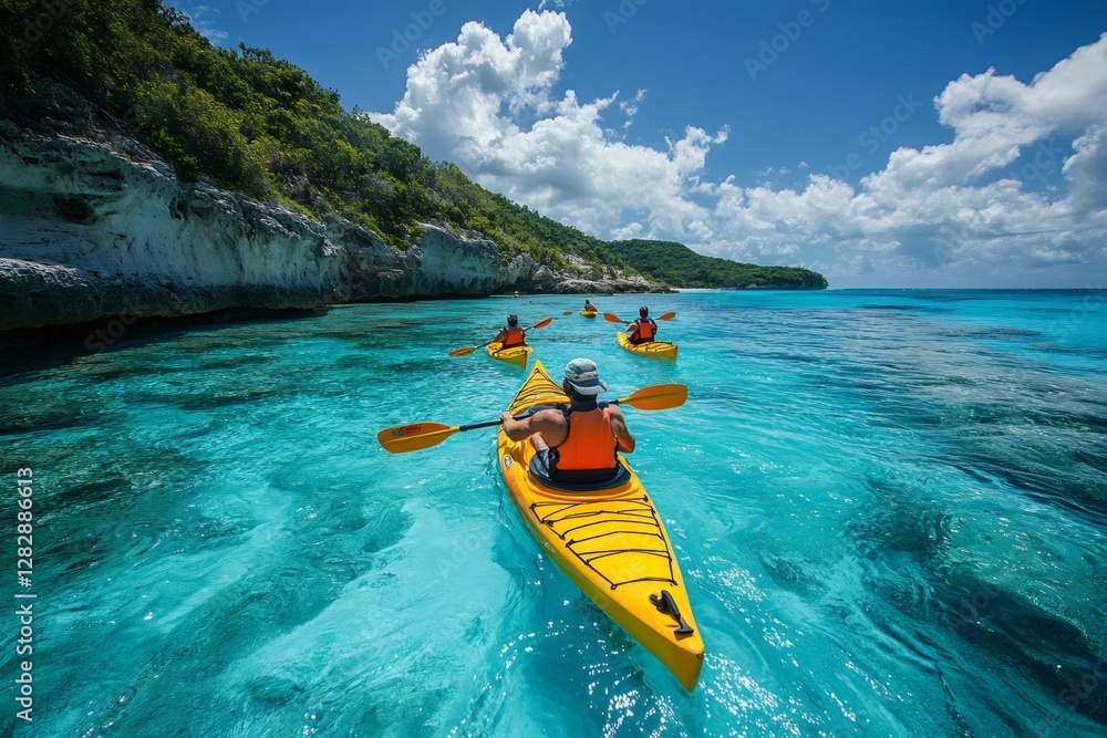 Tourists kayaking in transparent turquoise water near tropical island coast Tourists kayaking in transparent turquoise water near tropical island coast