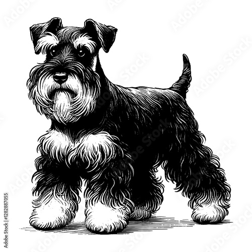 Line art drawing of Miniature Schnauzer dog's ink sketch vector hand drawn illustration background