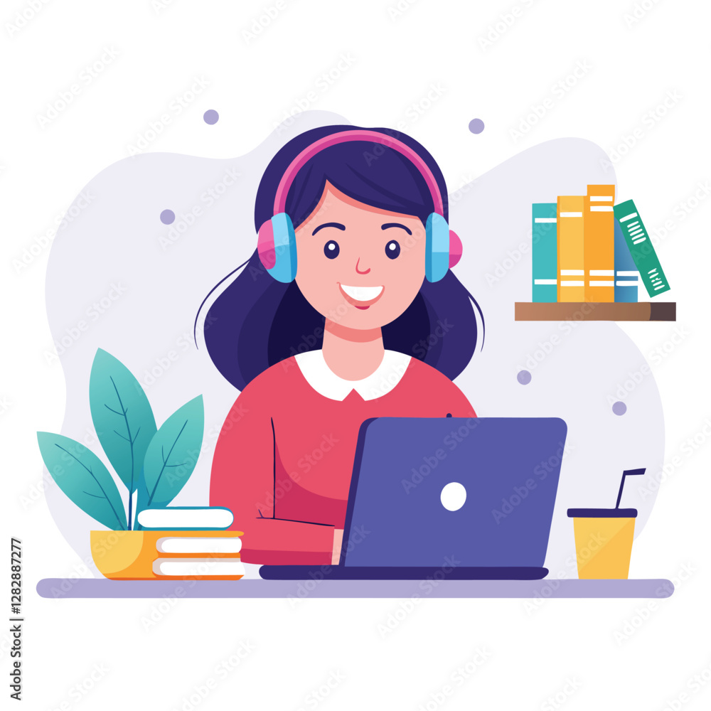 woman in headphones, studying at laptop. Happy female student watching business webinar. Video conference call, remote work communication. Flat vector illustration isolated on white background woman in headphones, studying at laptop. Happy female student watching business webinar. Video conference call, remote work communication. Flat vector illustration isolated on white background