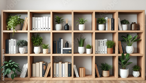 Contemporary Plant-Adorned Bookshelf for Modern Offices & Studio Backdrops | Virtual Decor & Large Format Print