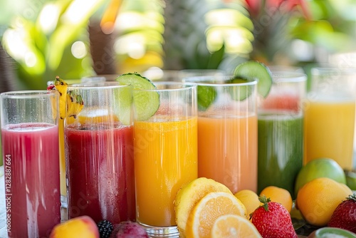 Colorful fruit juice lineup, outdoor cafe, healthy breakfast photo