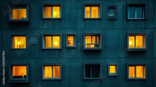 Exterior view of a modern city building or corporate office with five floors, illuminated by yellow night lights, showcasing sleek architecture and business hotel apartment design.

