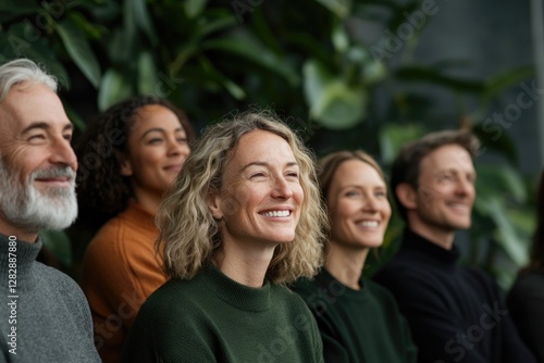 capture diverse group of smiling people of different ages and ethnicities outside in sunlit park symbolizing and well-being
