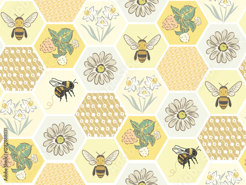 Seamless hexagon pattern of bee and flower. You can change color from the EPS file.