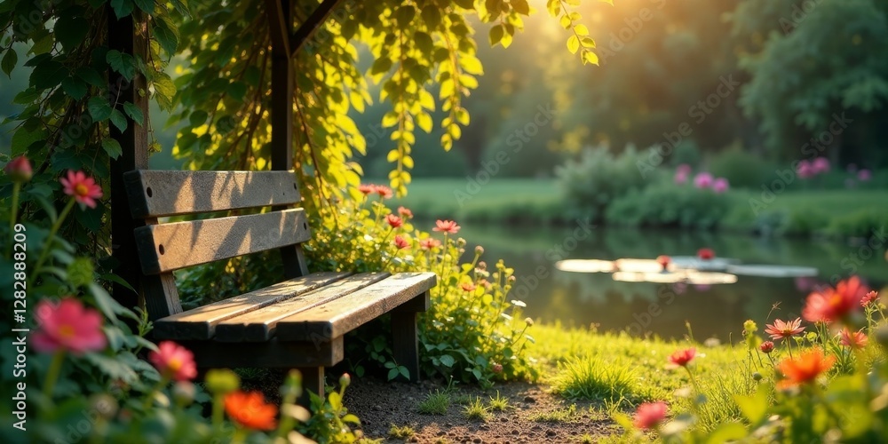 Naklejka premium Serene Garden Bench by a Tranquil Pond at Sunset, Surrounded by Blossoming Flowers