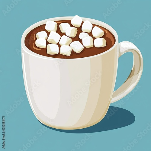 a cup of mashmellow topping on choco drink hot chocolate on white mug cup in blue background photo