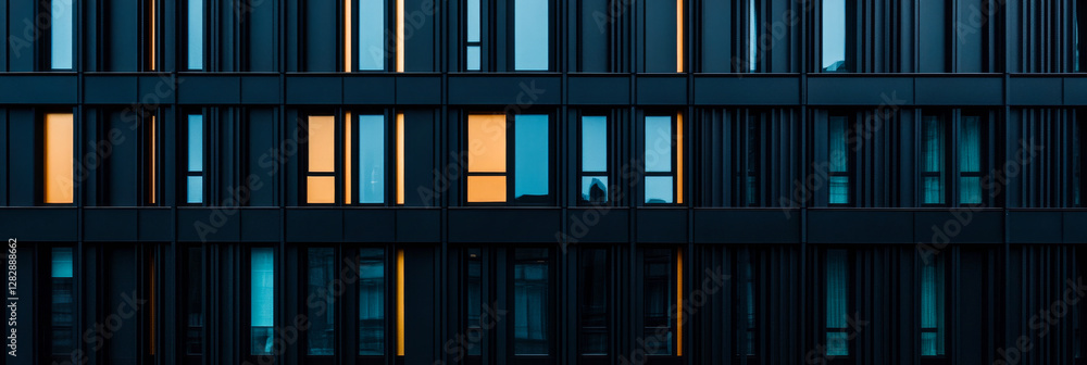 Modern architectural design with bold colors and unique window patterns in urban setting Modern architectural design with bold colors and unique window patterns in urban setting
