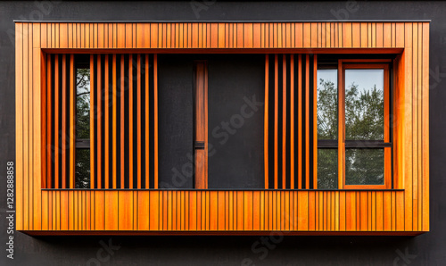 Unique architectural design featuring wooden slats and dual windows on modern building facade