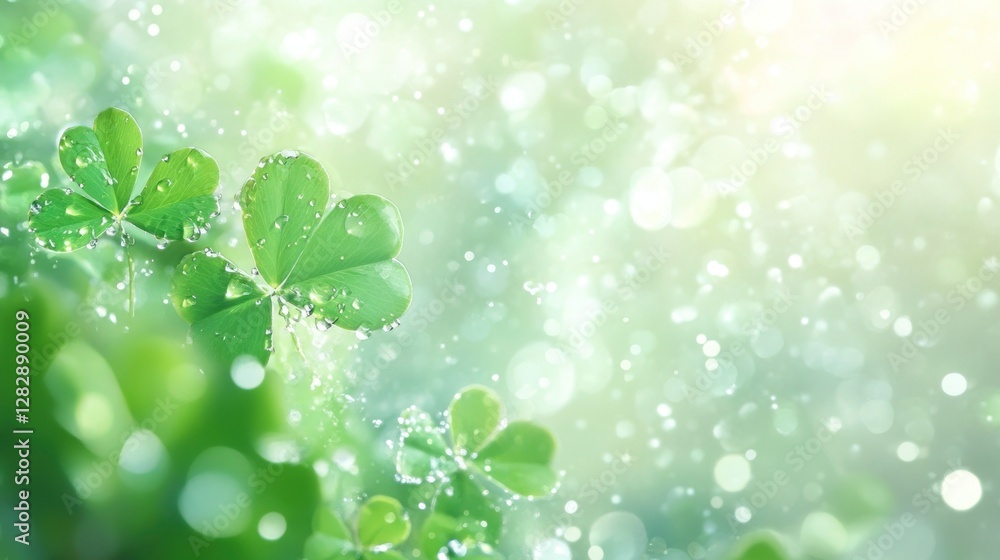 Fresh, vibrant green clover leaves with water droplets, bathed in sunlight, creating a serene and refreshing background. Fresh, vibrant green clover leaves with water droplets, bathed in sunlight, creating a serene and refreshing background.