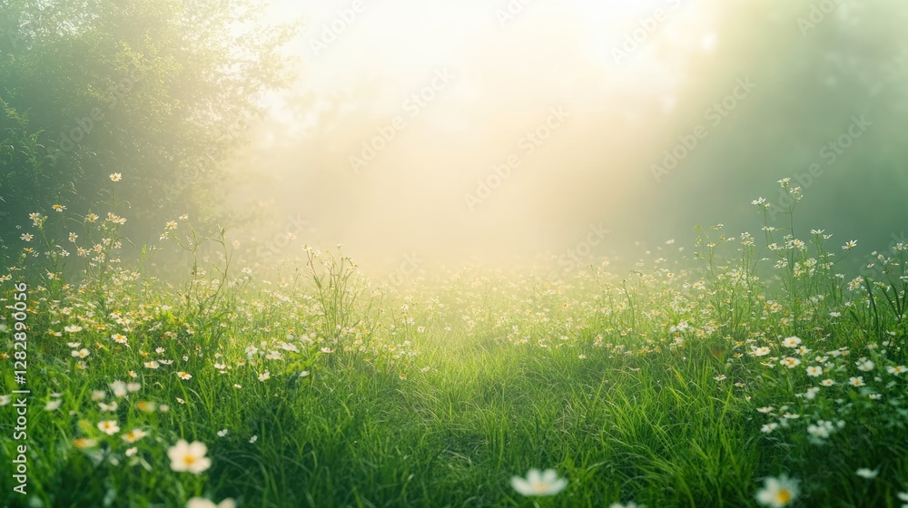 Obraz premium Misty dawn meadow, flowers, sunrise, path, nature