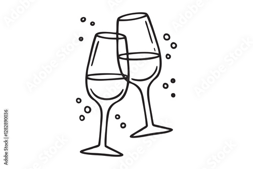 Two glasses wine or champagne doodle outline hand drawn icon. Cheers with alcohol drink and cocktail sign. Champagne glasses make cheers. Element for celebration, party, holiday