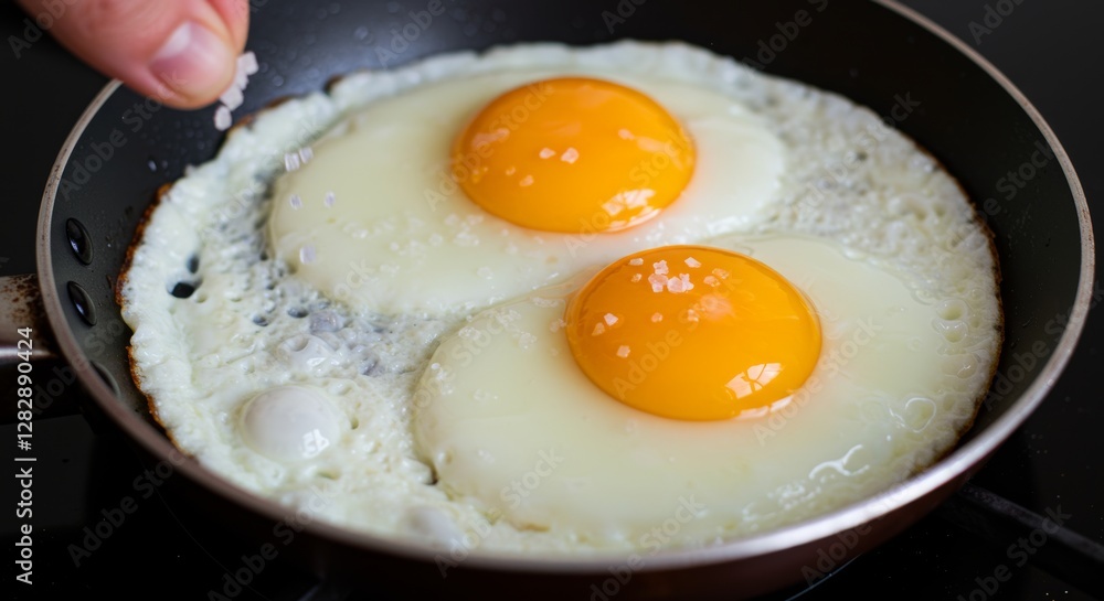 Perfect sunny side up eggs being seasoned with a pinch of salt flakes Perfect sunny side up eggs being seasoned with a pinch of salt flakes