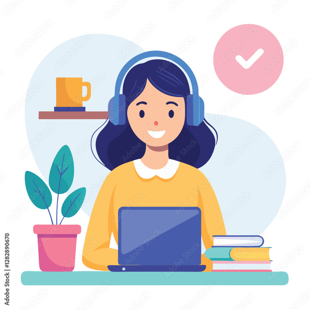 woman in headphones, studying at laptop. Happy female student watching business webinar. Video conference call, remote work communication. Flat vector illustration isolated on white background woman in headphones, studying at laptop. Happy female student watching business webinar. Video conference call, remote work communication. Flat vector illustration isolated on white background