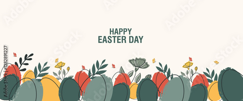 collection of Happy Easter banner and poster card. Trendy Easter design with draw eggs, bunny ears, in pastel colors. set of Horizontal greeting easter day background in Modern and minimal style.