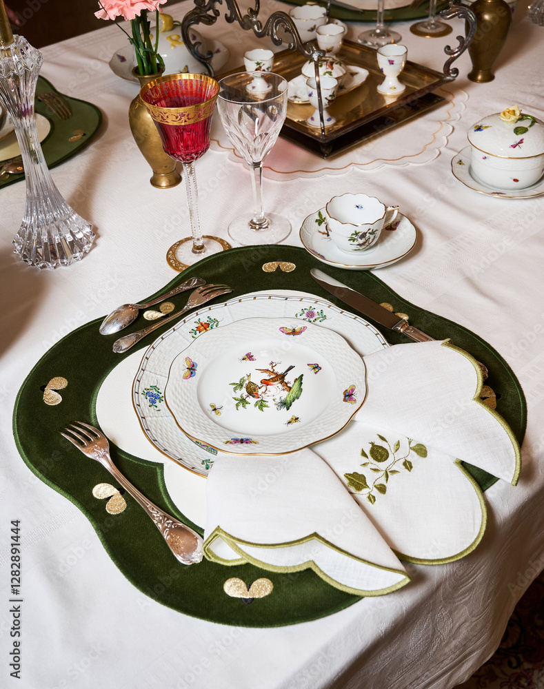 Fine vintage Rothschild Bird porcelain for true connoisseurs and royalty. The finest hand-painted forforework. Magnificent setting using unique textiles and fresh flowers. This service will not leave
