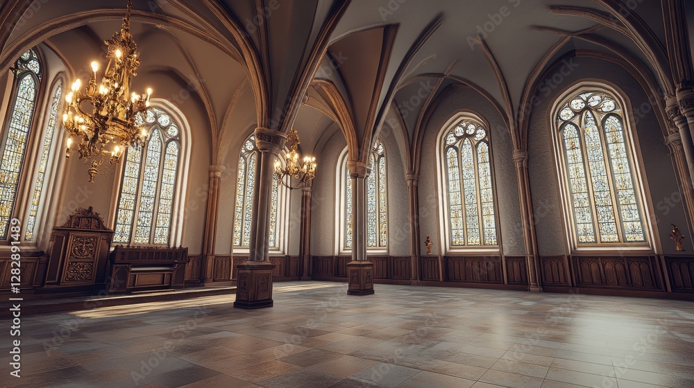 Obraz premium Grand Gothic Hall with Stained Glass Windows and Chandeliers