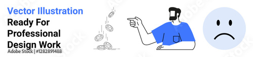 Man in blue shirt pointing at falling coins accompanied by a sad face. Ideal for finance, economy, loss, bankruptcy, failure, crisis, emotional impact. Perfect for flat landing page banner