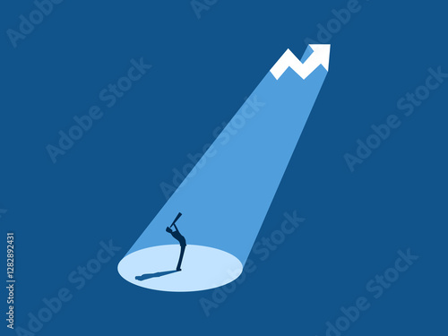 Businessman looking through binoculars at a glowing volatility and growth chart