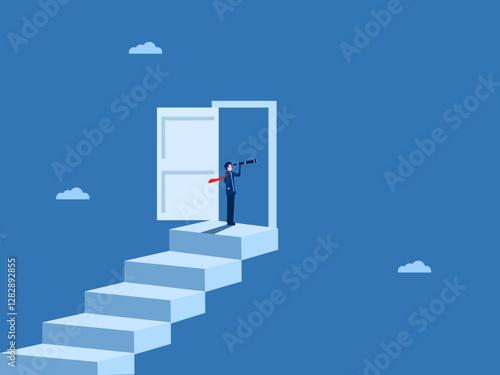 Finding Opportunity, Finding Jobs, Businessman Holding Telescope On Open Door