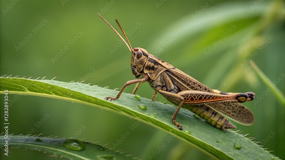 Grasshopper on Leaf: A detailed macro shot showcases a grasshopper perched delicately on a vibrant green leaf, its antennae sensing the environment, capturing a moment of natural beauty. Grasshopper on Leaf: A detailed macro shot showcases a grasshopper perched delicately on a vibrant green leaf, its antennae sensing the environment, capturing a moment of natural beauty.
